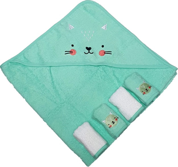 Baby Geschenkset 5teilig - Kapuzenbadetuch + 4x Waschlappen - Tiermotiv
